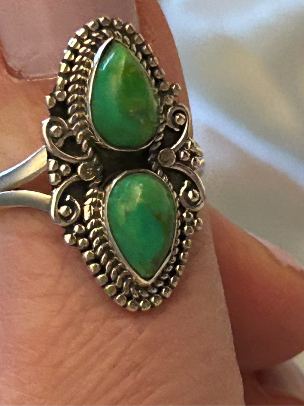 Sterling Silver Green Mojhave Double Teardrop Ring size 8.5 - Picture 5 of 8